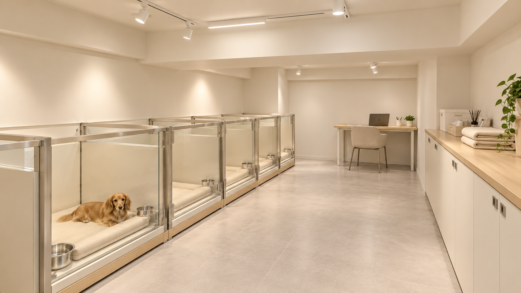 二层犬只轮休单元、备品柜与小办公区的奶油风装修概念效果图